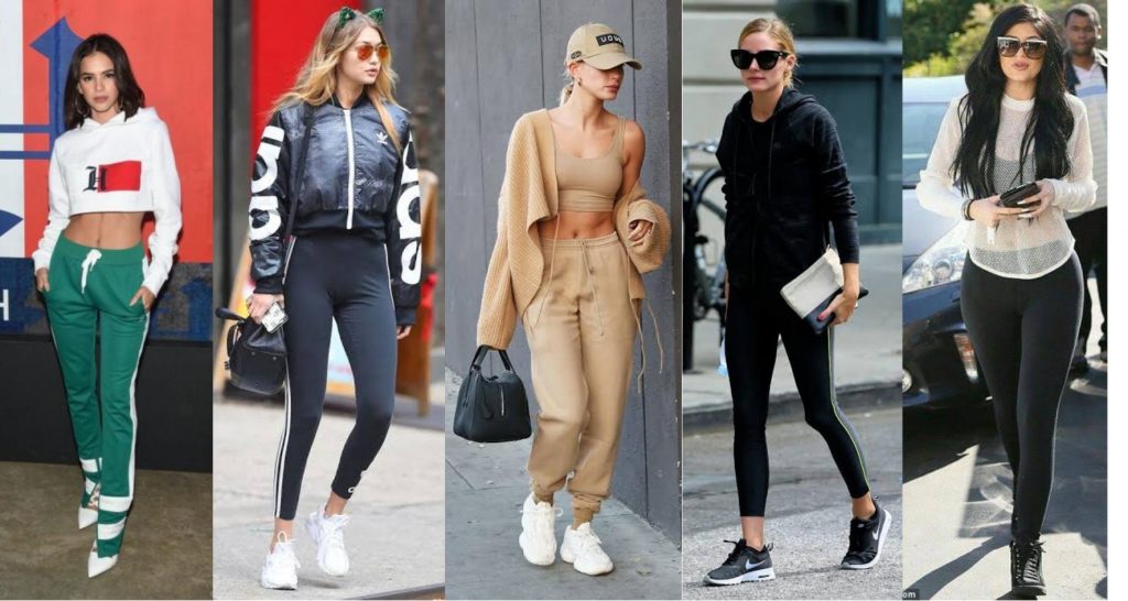 Montagem de cinco fotos que apresenta celebridades com roupas Athleisure: Bruna Marquezine, Gigi Hadid, Hailey Bieber, Olivia Palermo e Kylie Jenner